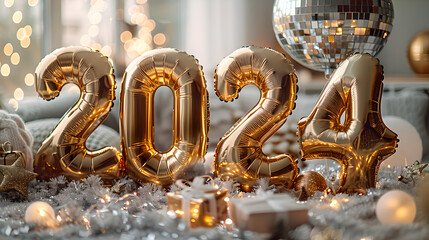 Shiny Gold 2024 Balloons in Festive New Year's Eve Decor, Generative AI - obrazy, fototapety, plakaty