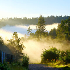 아침 햇살이 비치는 산림 지역에서 안개가 피어오르는 모습.