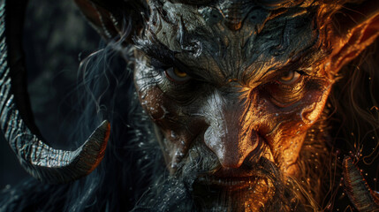 A fantasy warrior character stares out with fierce, intimidating eyes, set against a backdrop of swirling shadows.