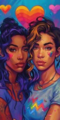 Obraz premium Two young women with colorful makeup and hair, blue and purple tones, heart symbols, diverse, digital illustration