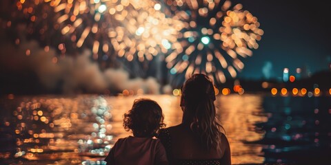 Two people, mom and kid, watching riverside 4th of july fireworks at night, shimmering reflections, vibrant celebration scene, family moments.