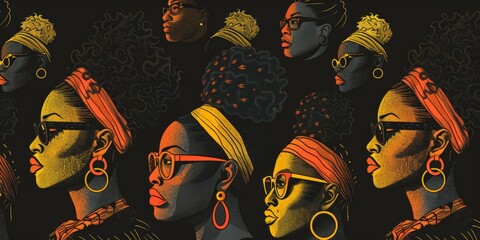 Group of stylized African female profiles, colorful illustration on dark background, diverse hairstyles and accessories.