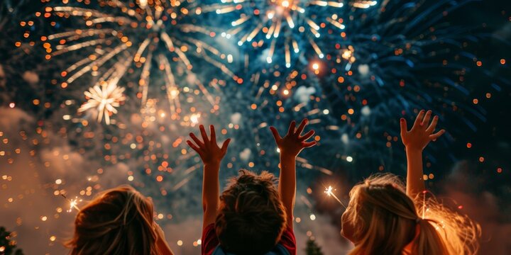 Three children watching colorful 4th of July fireworks display at night, joyful celebration, excitement in the air