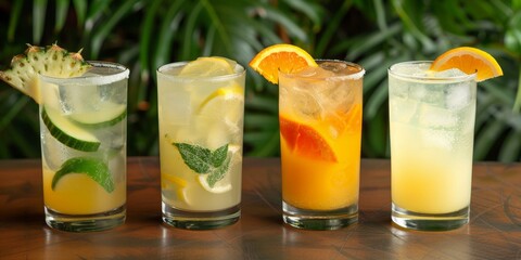 Fototapeta premium Four assorted tropical cocktails with garnishes on wooden bar counter, green foliage backdrop.