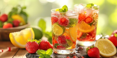 Two glasses of sparkling fruit water with strawberries, lime, lemon slices, and mint leaves on wooden table, summer refreshment. Copy space.