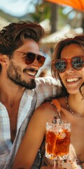 Obraz premium Two happy young adults in sunglasses with iced drinks, summertime enjoyment vibe, vibrant colors, close-up.