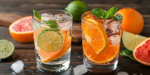 Two glasses of citrus-infused ice water with sliced lime and orange on wooden table, fresh ingredients, summer refreshment theme - obrazy, fototapety, plakaty