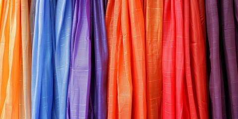 Multicolored fabric curtains in spectrum colors, red to violet drapes, patterned textile background, interior design concept