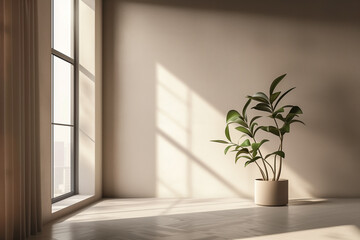 Sunlit space. Room with expansive window and potted plant