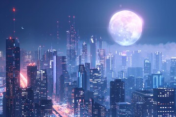 Fototapeta premium A view of a city skyline under a night sky with a full moon shining brightly in the background