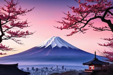 Fototapeten Traditional Japanese pagoda with iconic Mount Fuji in background, capturing essence of Japans natural beauty, cultural heritage. For interior, commercial spaces to create stylish atmosphere, print. © Anzelika