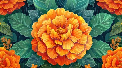 Vibrant and Detailed of a Marigold Flower with Lush Foliage and Petals - obrazy, fototapety, plakaty