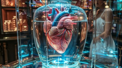 Hyper-realistic human heart model in glass container with neon lights, futuristic medical technology concept, woman in background, vibrant colors
