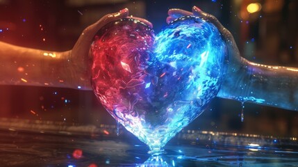 Two hands holding a glowing red and blue heart with sparkling water droplets, symbolizing love and unity, vibrant Valentine's Day theme. - obrazy, fototapety, plakaty