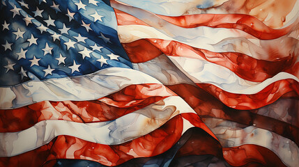 Watercolor Artistic Oil Painting of America Flag on White Background