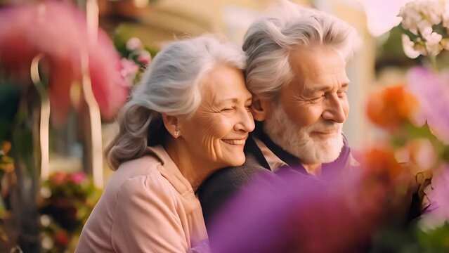 couple of older people are smiling and hugging each other. The man is wearing a white shirt and the woman is wearing a pink shirt. Scene is happy and loving
