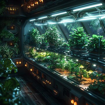 Interstellar biotech lab aboard a spacecraft, with alien flora samples