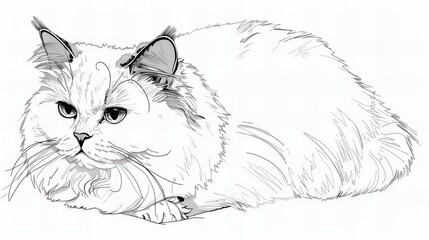 sketch of a rag doll cat for coloring book, furry and cute lying rag doll