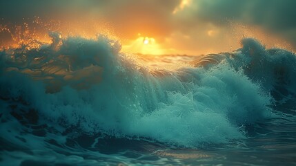 Sun beams through clouds onto ocean waves, painting the sky with hues at dusk - obrazy, fototapety, plakaty