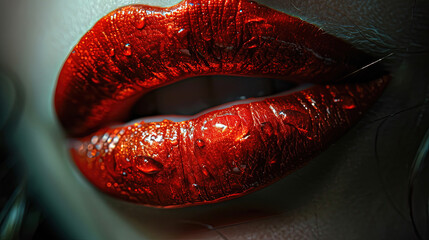 Close-Up of Red Color Lipstick On Beautiful Women Red Wet Lips Background Blur