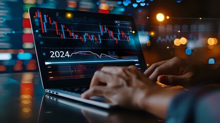 Fototapeta premium Hands working on laptop to show rising graph and candlestick data for business growth in 2024