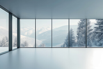 Serene winter vista. Empty room with expansive windows
