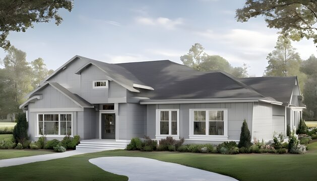 A gray ranch style model house
