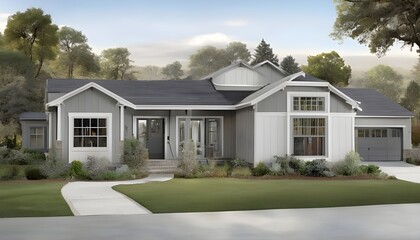 A gray ranch style model house
ai generative