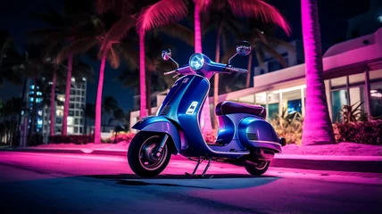 Poster Vintage scooter at night in Miami, Florida, USA © MahmudulHassan