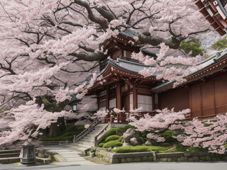cherry blossoms in japan machiya building ,AI generated