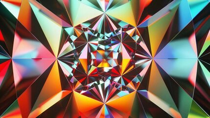 A circular rainbow prism in 3D, triangular facets casting depth and complexity. - obrazy, fototapety, plakaty