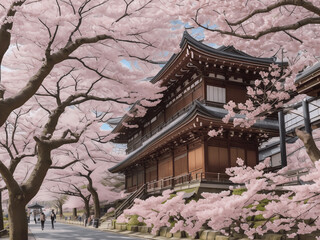 cherry blossoms in japan machiya building ,AI generated
