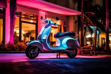 Afwasbaar Fotobehang Scooter Vintage scooter at night in Miami, Florida, USA
