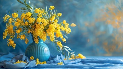 Serene blue still life with vibrant yellow mimosa flowers - Powered by Adobe