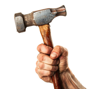 Carpenters hand holding hammer, transparent background, isolated image, generative AI