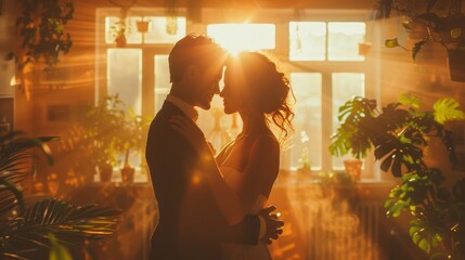 A pair of tango dancers in elegant suits and dresses pose dancing in the sunset light. Attractive...