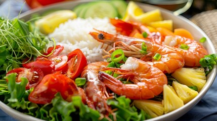 Fresh seafood salad with prawns, tomatoes, and greens