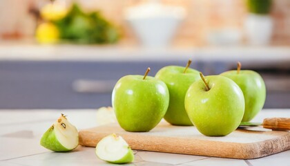 A selection of fresh fruit: green apple, sitting on a chopping board against blurred kitchen background; copy space
 - obrazy, fototapety, plakaty
