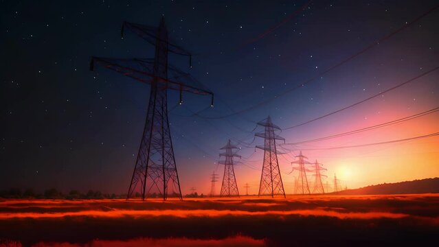Electricity transmission towers with orange glowing wires the starry night sky. Energy infrastructure concept, energy, electricity, voltage, supply