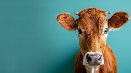 Curious brown cow portrait on teal background - obrazy, fototapety, plakaty