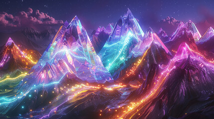 Crystalline peaks glow, light streams weaving a tapestry of energy across mountains. - obrazy, fototapety, plakaty
