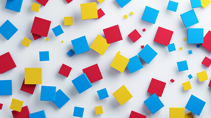 Primary color squares dance on a white canvas, offering vibrancy for diverse applications. - obrazy, fototapety, plakaty