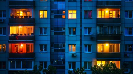 City life in the evening: illuminated apartment building windows
