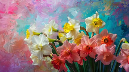 Colorful bouquet of daffodils against an abstract background