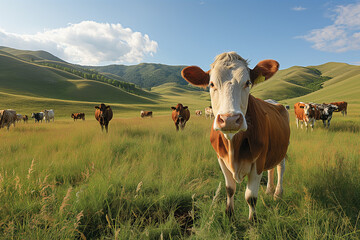 Happy cows with grass fed free range farm, small herd of cows eating fresh grass on an organic farm - obrazy, fototapety, plakaty