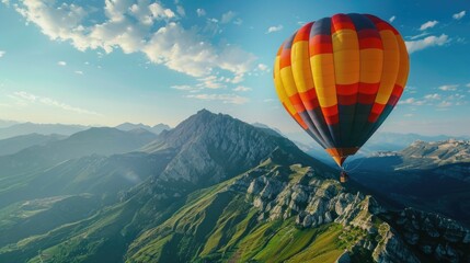 Fototapeta premium Journey in a hot air balloon over the mountains. AI generative.