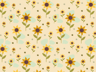 Seamless pattern with sunflowers on black background. Summer autumn flower background.Thanksgiving day. Hand drawn Flat cartoon vector illustration.