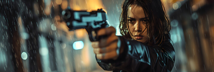 Young woman in black jacket points gun in rain, police officer or killer holding weapon at night. Female detective with pistol on dark street. Concept of spy,  - obrazy, fototapety, plakaty