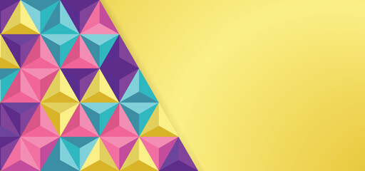 3D colorful triangles background, abstract geometric 3D Triangle Mosaic in blue, pink, yellow and violet colors, colorful , engaging wallpaper, banner, design template