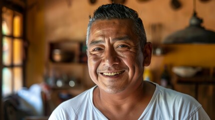Fototapeta premium Portrait of a Smiling Mature Man with Grey Hair in a Warm Indoor Setting
